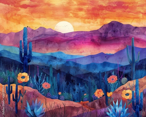 A vibrant watercolor illustration of a desert landscape at sunset, with colorful cacti flowers and natural desert elements photo