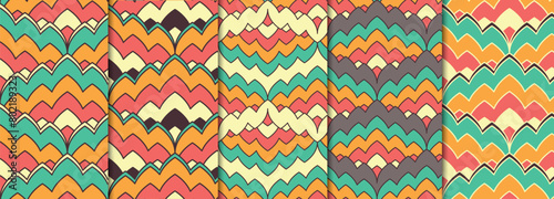 5 Seamless patterns set with geometric flame stitch style motifs. Bright retro stripes repeat wallpapers bundle. Classic Italian zig zag decorative backgrounds for fabric photo