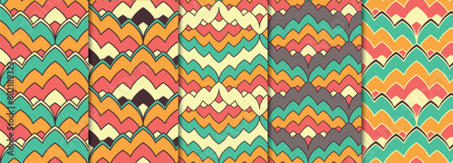 5 Seamless patterns set with geometric flame stitch style motifs. Bright retro stripes repeat wallpapers bundle. Classic Italian zig zag decorative backgrounds for fabric