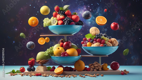 Balance avec des aliments santé sur fond coloré et lumineux. Beaucoup d'espace sur les deux tiers supérieurs de l'image. Style réaliste, 4K photo