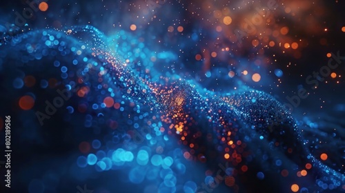3d rendering, science fiction background of glowing particles with depth of field and bokeh. Particles form line and surface grid. microcosm or space. Blue V11 photo
