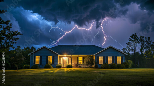 Suburban house with lightning bolts in the sky during a storm photo