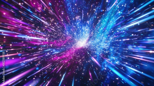 Abstract background in blue and purple neon glow colors on black. Speed of light in galaxy. Explosion in universe. Cosmic background for event, party, carnival, celebration, anniversary or other.