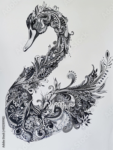 zentangle art, swan, beautiful zentangle patterns, black fine liner pen , white background