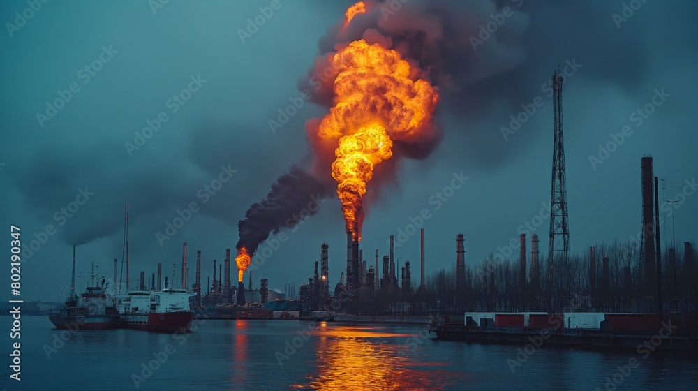 Industrial Flare Burning at Oil Refinery at Night
