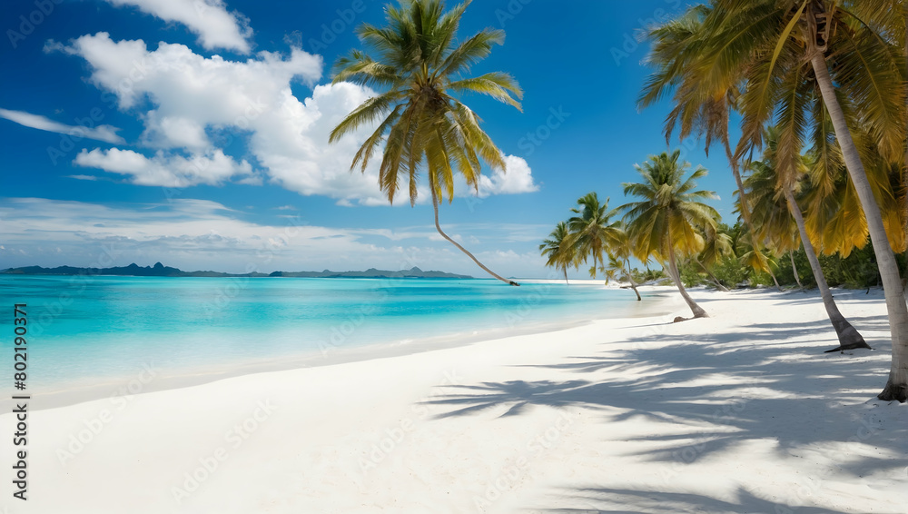 Discovering Private Paradise: Couple on Secluded Beach with White Sands, Clear Waters, and Palm Trees in Radiant Sun - Photo Real Paradise Found Concept