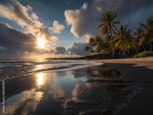 Beach Sunset with Palms and Moonlit Sky