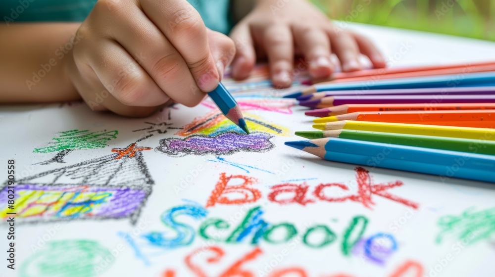 Colorful display of creativity: child's hand drawing with bright colored pencils on paper Colorful display of creativity: child's hand drawing with bright colored pencils on paper