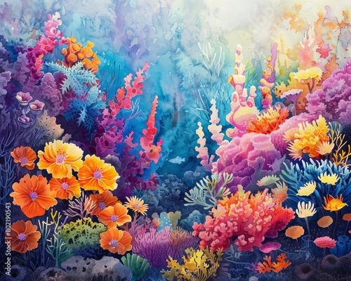 A vibrant watercolor painting of a coral reef  showcasing colorful marine life and intricate elements in the background