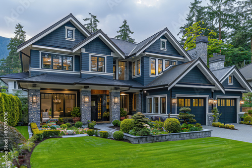 A luxury home in the residential neighborhood of Florida, Washington with a green lawn and grey driveway. Created with Ai