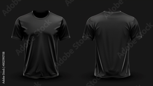 front and back view of blank black t shirt for design presentation mockup for print advertising isolated on black background