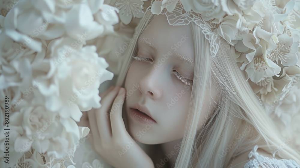 albino girl with a wreath of flowers on her head. albino girl with a wreath of flowers on her head.