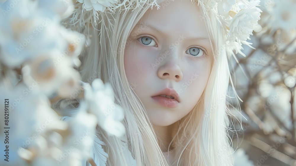 albino girl with a wreath of flowers on her head. albino girl with a wreath of flowers on her head.