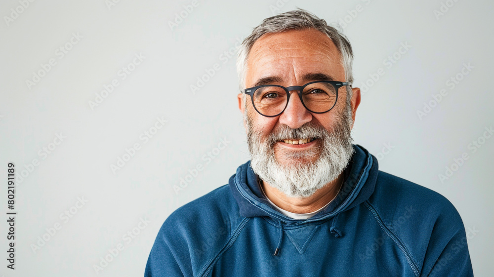 Obraz premium happy senior man with glasses and beard wearing a blue sweatshirt on a grey background.