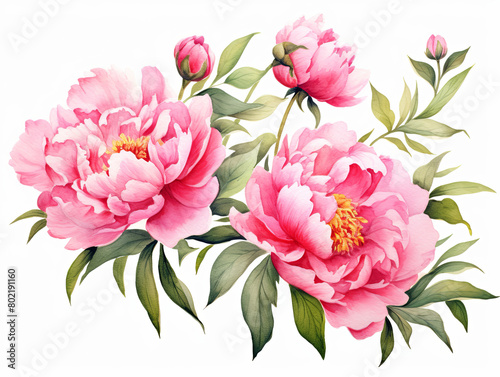 Watercolor painting of A painting of three pink flowers with green leaves