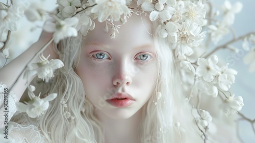 albino girl with a wreath of flowers on her head.