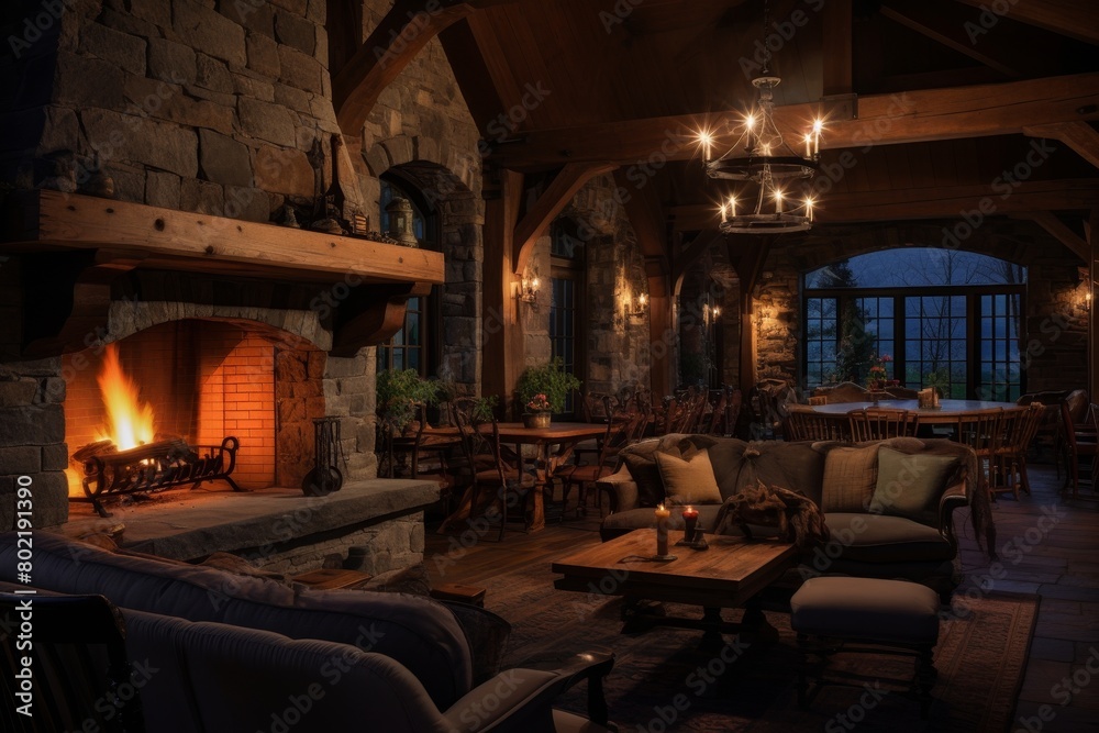 Fototapeta premium A Warm and Inviting Evening at a Historic Inn, Featuring Antique Furniture, Rustic Stone Walls, and a Crackling Fireplace
