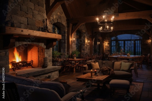A Warm and Inviting Evening at a Historic Inn, Featuring Antique Furniture, Rustic Stone Walls, and a Crackling Fireplace