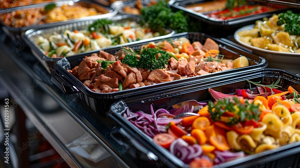 Diverse and flavorful catering buffet featuring a variety of meat and vegetable dishes. Concept Catering Buffet, Meat Dishes, Vegetable Dishes, Diverse Flavors, Variety