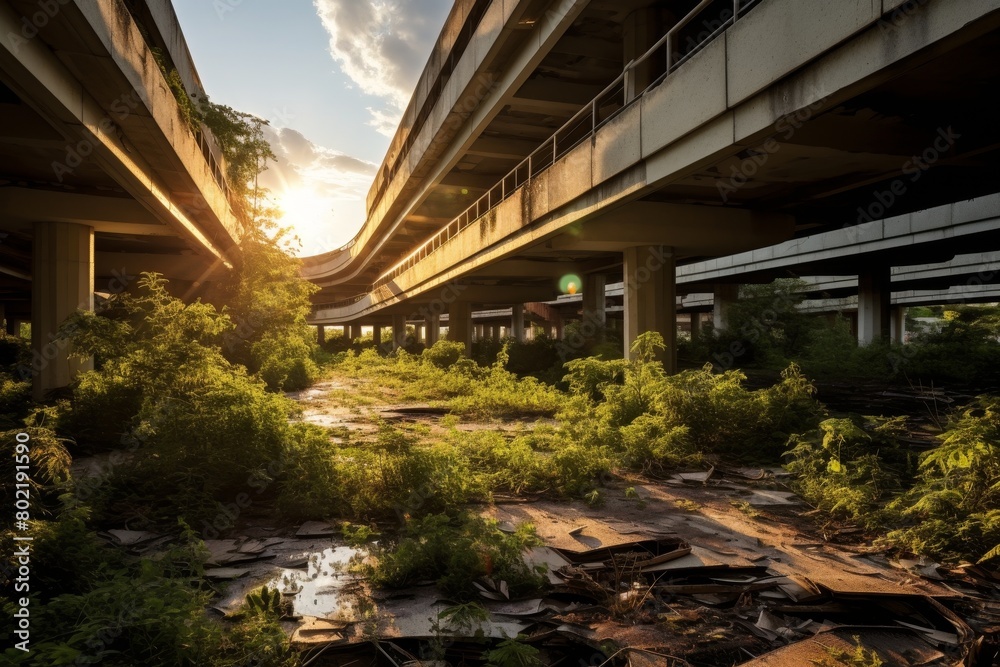 A Hauntingly Beautiful Depiction of an Abandoned Shopping Mall, Overgrown with Nature and Bathed in the Fading Light of Sunset