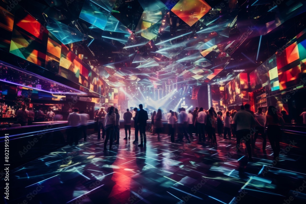 A Vibrant Nightclub Interior Illuminated by Neon Lights, Reflecting on Polished Floors with People Dancing to the Beat of Music