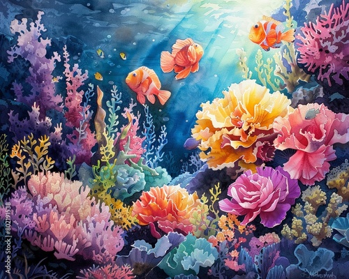 A vibrant watercolor painting of a coral reef  showcasing colorful marine life and intricate elements in the background