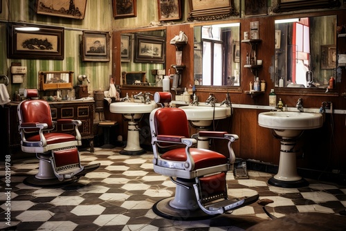 A Nostalgic Journey Back in Time: An Old-School Barber Shop with Vintage Chairs, Antique Mirrors, and Classic Hairdressing Tools