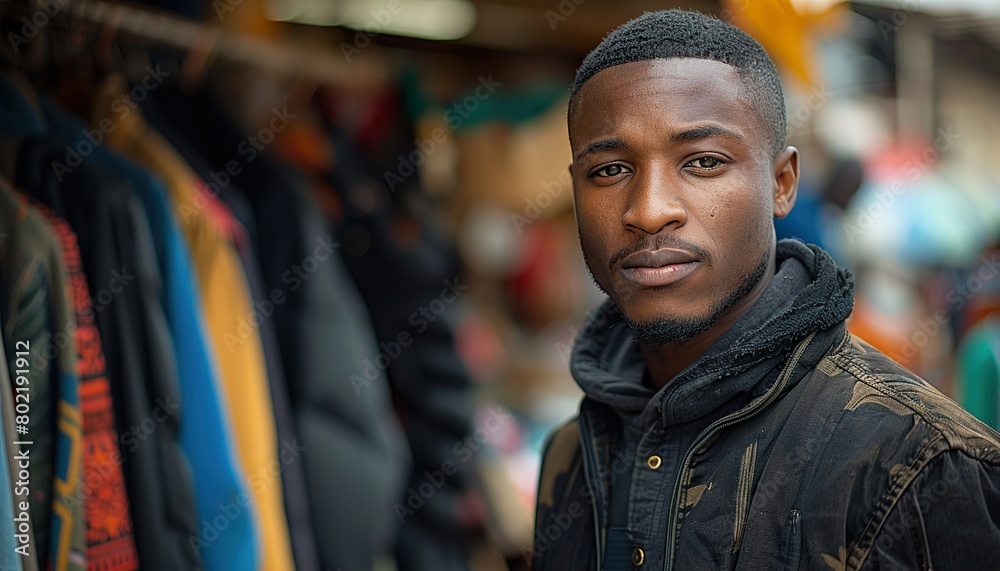 Young african man donating old clothes in charity organization 