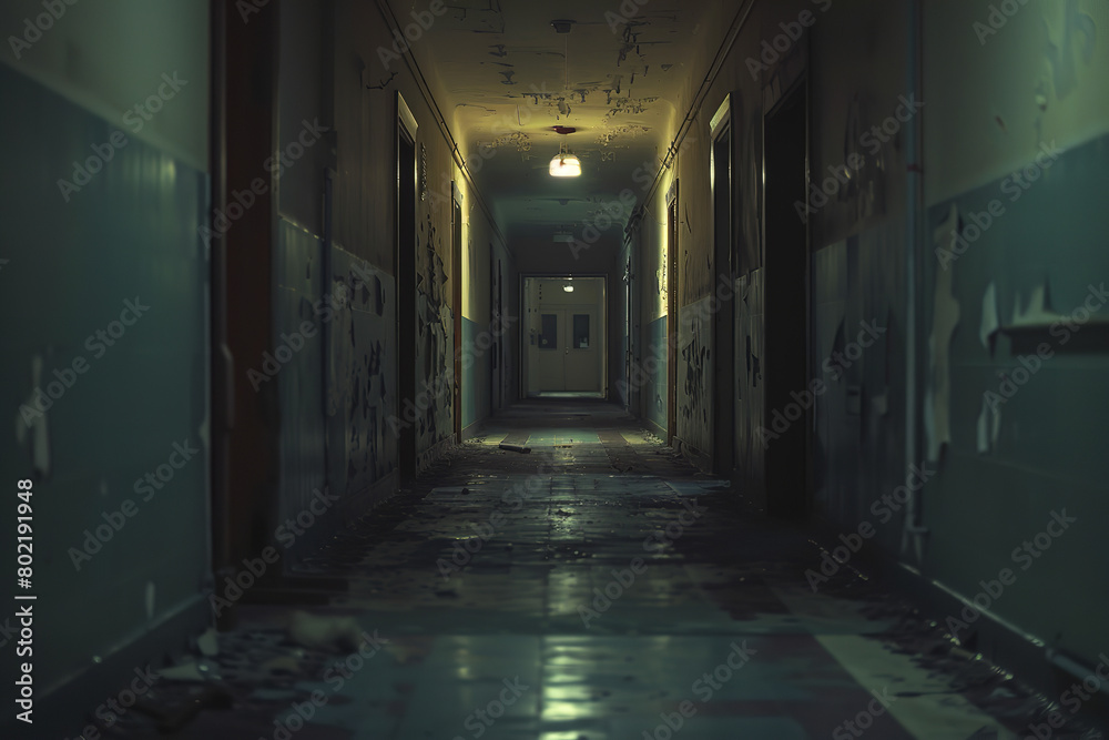 A chilling walk down a dimly lit corridor in an abandoned hospital - where flickering lights cast ominous shadows