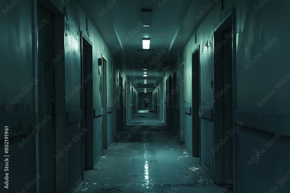 A chilling walk down a dimly lit corridor in an abandoned hospital - where flickering lights cast ominous shadows