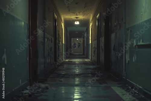 A chilling walk down a dimly lit corridor in an abandoned hospital - where flickering lights cast ominous shadows