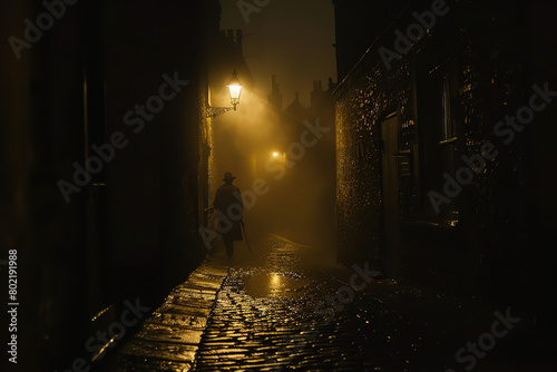 A shadowy figure lurks at the end of a misty - lamplit alley - embodying dread and mystery in a suspenseful horror tableau