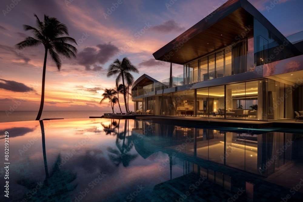 A Luxurious Resort Infinity Pool Overlooking the Crystal Clear Ocean Under a Majestic Sunset Sky