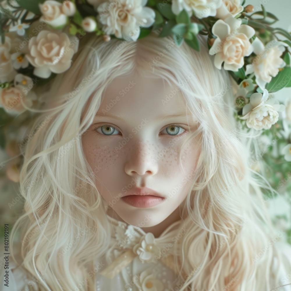 albino girl with a wreath of flowers on her head. albino girl with a wreath of flowers on her head.