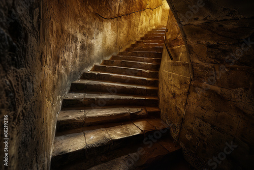 A dimly lit castle tower features a winding staircase - where each creaking step suggests a foreboding ascent into the unknown photo