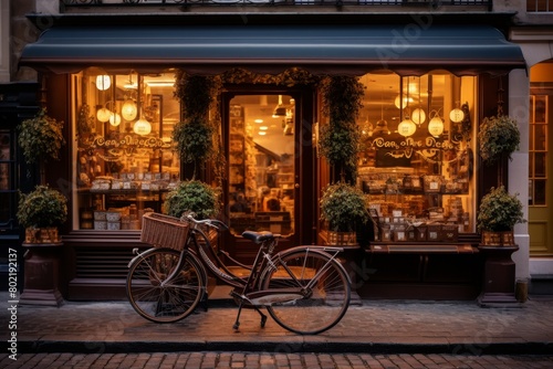 A Classic Chocolate Shop Nestled in a Cobblestone Street, Illuminated by Warm Evening Light, with a Vintage Bicycle Parked Outside