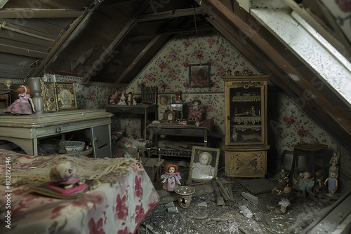 A neglected dollhouse in an attic stages eerie scenes in miniature rooms - suggesting the sudden vanishing of its dolls