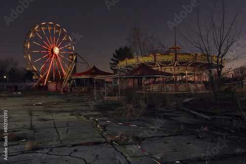 An abandoned carnival after dark features rusting rides and faded banners - echoing past festivities with an unsettling air