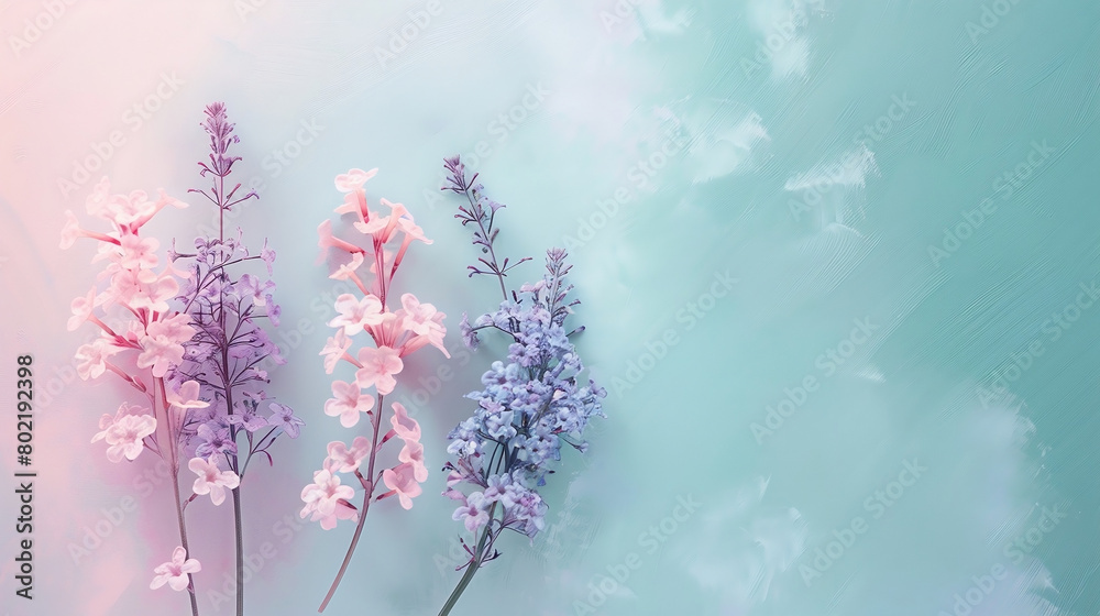 Naklejka premium Pink and purple flowers on the side of gradient soft pastel baby blue and pink background