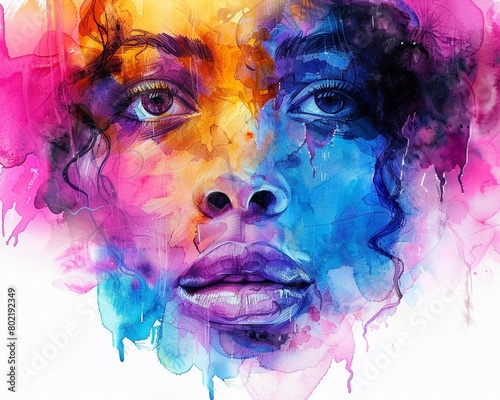 A vibrant watercolor portrait with abstract, colorful elements and an expressive background