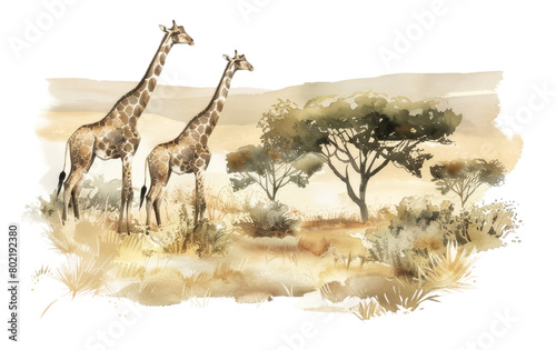 Giraffes in a watercolor African savannah scene photo