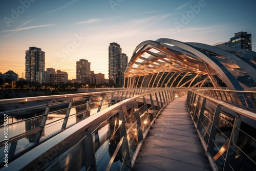 A Modern Marvel of Architecture: A Glass and Steel Pedestrian Bridge Spanning a Bustling Cityscape at Sunset