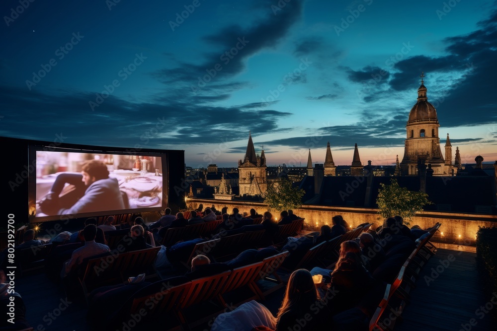 Fototapeta premium A Magical Summer Night at the Open-Air Cinema with Reclining Seats, Underneath a Starlit Sky, Surrounded by Vintage Buildings