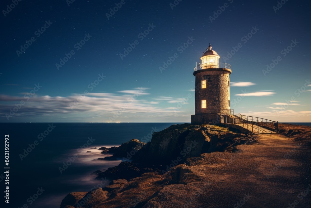 A Majestic Coastal Observatory Overlooking the Turbulent Sea Under a Starlit Sky with Lighthouse in the Distance