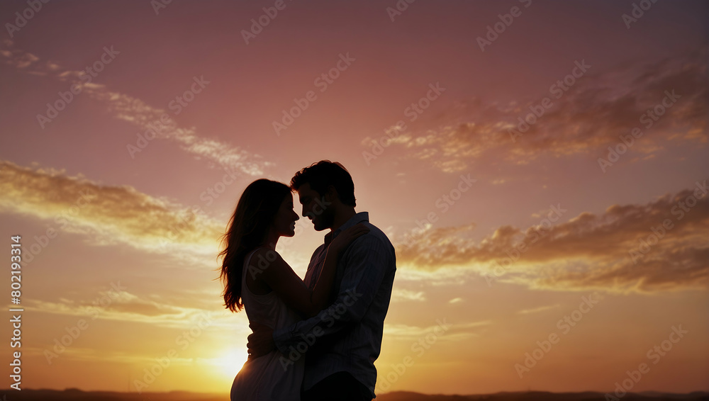 Sunset Romance: Couple Embracing Love as the Sun Sets in Golden & Pink Sky