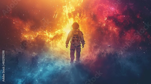 Astronaut standing in front of a colorful galaxy  suitable for space exploration themes