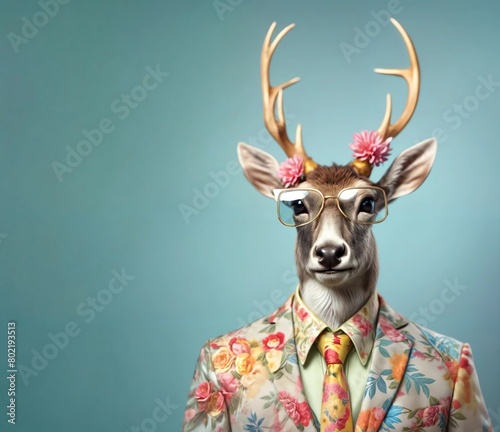 Creative animal concept. Deer in glam fashionable couture high end outfits isolated on bright background advertisement, copy space. birthday party invite invitation banner © design