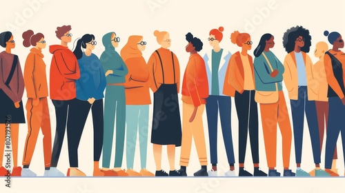 Multiracial Community Standing Side by Side Showing Unity and Collaboration. Men and Women Group Illustration. Society and Friendship Conceptual Artwork with Social Connection.