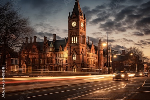 Classic Town Hall with a Clock Tower, Beautifully Illuminated in the Evening Light, Reflecting its Majestic Architecture