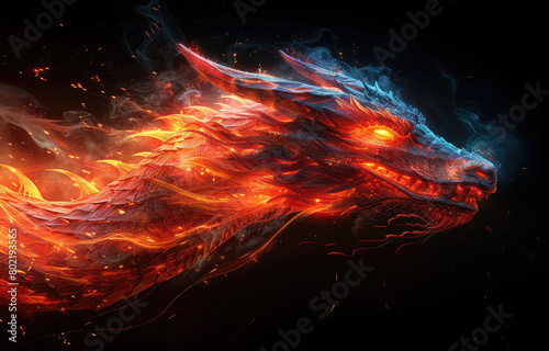 A stunning digital artwork of an Asian dragon, glowing with vibrant red and orange hues against the dark background. Created with Ai